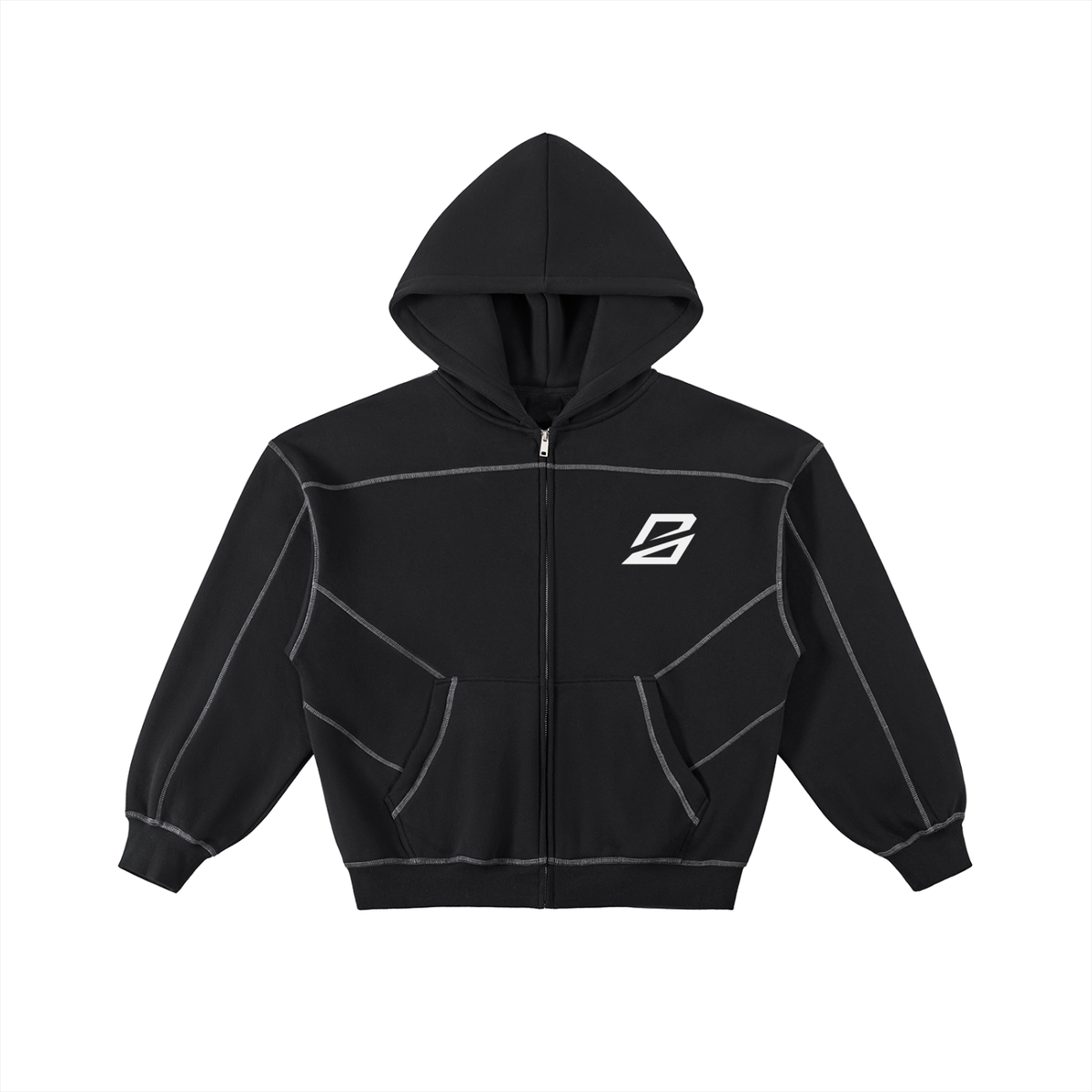Contrast-Stitched Boxy Fleece Zip Hoodie