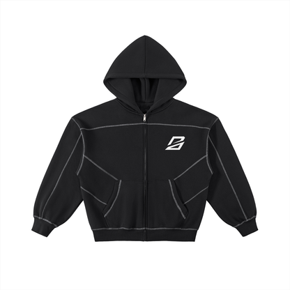 Contrast-Stitched Boxy Fleece Zip Hoodie