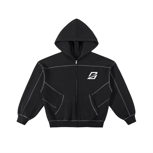 Contrast-Stitched Boxy Fleece Zip Hoodie