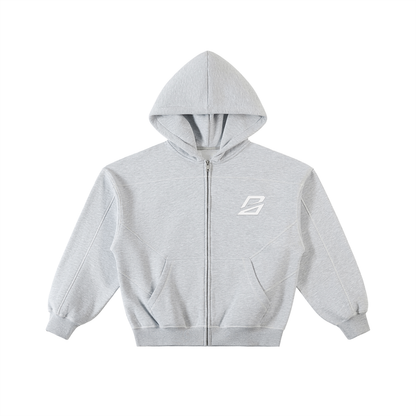 Contrast-Stitched Boxy Fleece Zip Hoodie